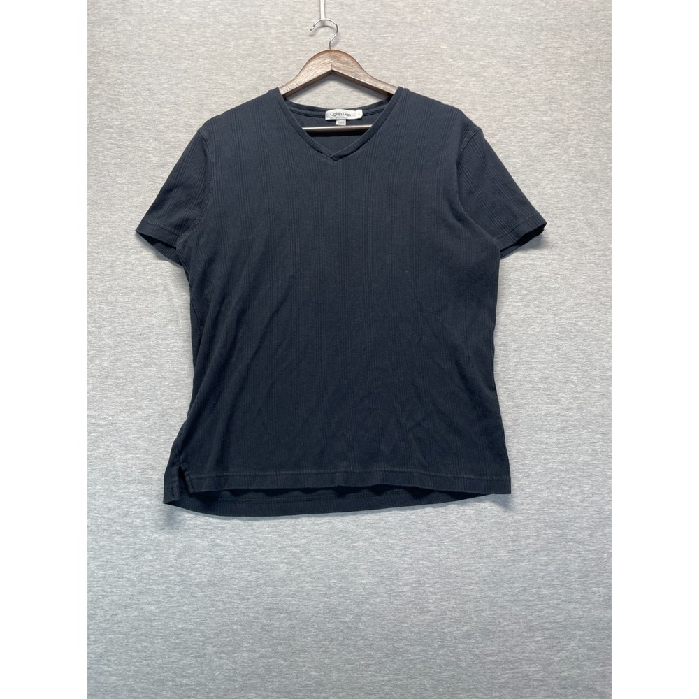 Calvin Klein Short Sleeve T Shirt Mens Large Black Ribbed Knit Cotton V Neck